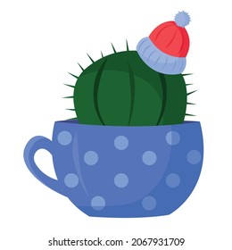 vector green winter cactus in a blue pot isolated on a white background. Christmas and New Year trees in a cup with polka dots. Cacti in a knitted hat in a flat style