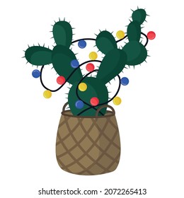 vector green winter cactus in a wicker basket isolated on a white background. Christmas and New Year trees, cacti in a flat style with a garland, Christmas décor. For postcards, posters, printing