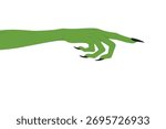 Vector Green Witch Hand with Long Black Nails Pointing Finger. Halloween Illustration of Creepy Monster Arm. Scary Witch Hand Gesture, Horror Design Element, Spooky Magic Symbol, October Clipart