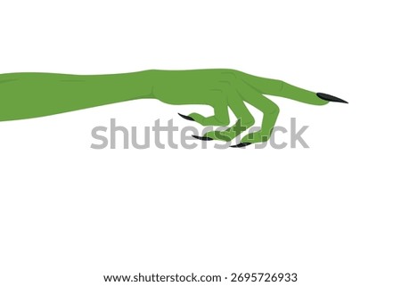 Vector Green Witch Hand with Long Black Nails Pointing Finger. Halloween Illustration of Creepy Monster Arm. Scary Witch Hand Gesture, Horror Design Element, Spooky Magic Symbol, October Clipart