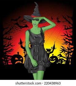Vector green witch woman with hat on Halloween