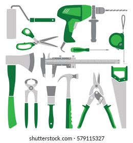 Vector green working tools collection for construction and repair. Part two