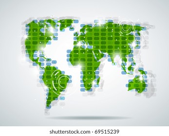 Vector green world map with bright light