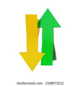 Flechas verdes vectoriales y amarillas que apuntan en direcciones opuestas, concepto de reciclaje, plantilla de firma, movimiento hacia arriba en 3D.