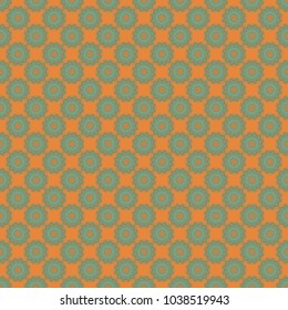 Vector green, yellow and beige simple mandala optical illusion, psychedelic trippy abstract seamless pattern texture. Vector illustration.