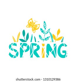 vector green yellow butterfly lettering word spring cute funny childish grass leaf simple on white