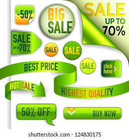 Vector green and yellow discount elements - ribbons, pins, stamps, arrows, buttons