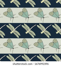 Vector Green Yellow Dragonflies and Moths on Blue Brown Stripes Seamless Repeat Pattern. Background for textiles, cards, manufacturing, wallpapers, print, gift wrap and scrapbooking.