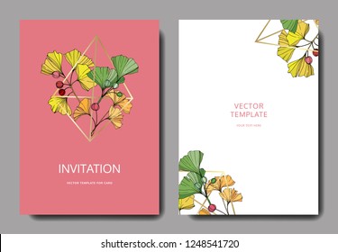 Vector. Green and yellow ginkgo leaf. Wedding pink background card floral decorative border. Thank you, rsvp, invitation elegant card illustration graphic set banner.