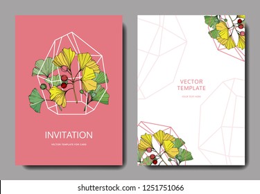 Vector. Green and yellow ginkgo leaf. Wedding pink background card floral decorative border. Thank you, rsvp, invitation elegant card illustration graphic set banner.