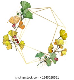 Vector. Green, yellow and orange ginkgo leaf. Leaf plant botanical garden floral foliage. Frame golden crystal. Geometric quartz polygon crystal stone polyhedron mosaic shape amethyst gem.