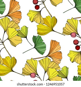 Vector. Green yellow and orange ginkgo leaf. Leaf plant botanical garden floral foliage. Seamless background pattern. Fabric wallpaper print texture on white background.