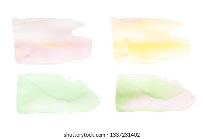 Vector green, yellow and pink paint smear strokes stain set. Abstract acrylic art illustration. Acrylic Texture Paint Stain Illustration. Hand drawn brush strokes vector elements. Acrilyc strokes.