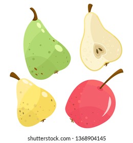 Vector green, yellow, red pear, apple with leaves. Cartoon fruits set. Vegan, diet food.