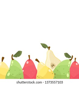 Vector green, yellow, red pear with leaves. Cartoon fruits set. Vegan, diet food.