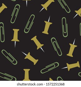 Vector Green and Yellow Tacks and Paper Clips on Black Background Seamless Repeat Pattern. Background for textiles, cards, manufacturing, wallpapers, print, gift wrap and scrapbooking.