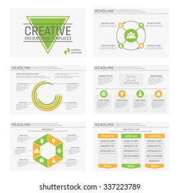 Vector green and yellow template for multipurpose presentation slides with graphs and charts. 