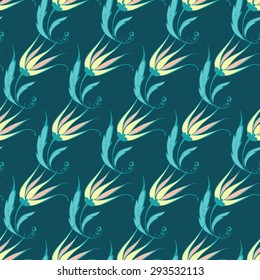 Vector Green Yellow Turkish Flowers Diagonal Seamless Pattern