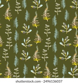 Vector green, yellow vertical watercolor leaves pattern on khaki green background. Scandinavian style.