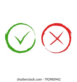 Vector green yes and red no checkmark symbols. Simple tick and cross signs in round frames, isolated on white background for vote, decision button, web design