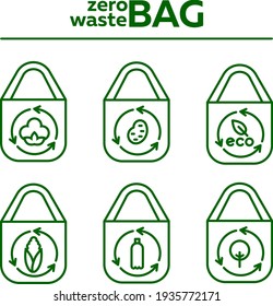 Vector green zero waste icons of bags made of corn and potato starch, fabric cotton, made of recycled plastic bottles.