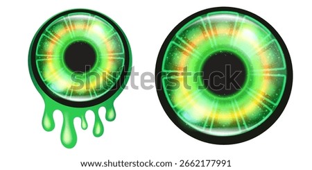 Vector green zombie eye with green slime isolated on white background. Vector 3d scary monster zombie eye png clip art illustration. Alien scary Eyeball isolated for Halloween design