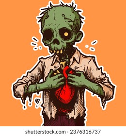 Vector of a green zombie with a heart inside his rib cage. Gothic illustration of a grunge cartoon monster with green skin feeling love.
