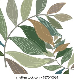 Vector green_branch with leaves and white background. Botanical pattern.