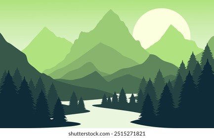 Vector greene mountain landscape with clear sky, sunset behind the mountains and silhouettes of trees and calm lake water