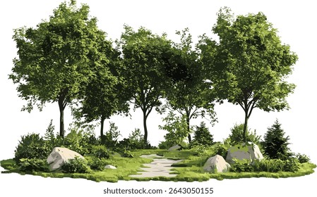 Vector greenery forest summer landscape cut out, transparent background, lush trees, summer nature, eco landscape, green forest, outdoor scene, environmental concept.
