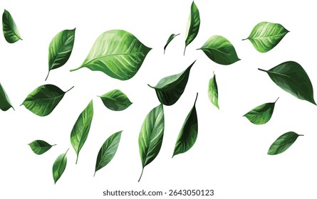 Vector Greenery leafs floating movement cut out transparent backgrounds, dynamic foliage, nature illustration, green leaves, eco friendly design, botanical elements