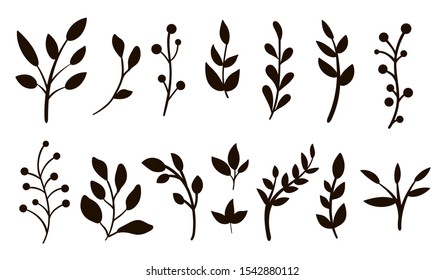 Vector greenery silhouettes clip art set. Flat trendy illustration with leaves, branches, berries. Meadow, woodland, forest, garden black elements isolated on white background