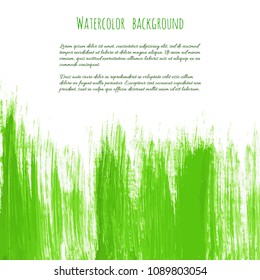 Vector greenery watercolor texture background with dry brush stains, strokes, spots isolated on white. Abstract artistic green grass frame, place for text, logo. Acrylic hand painted gradient backdrop