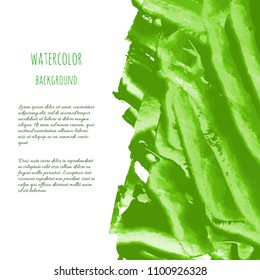 Vector greenery watercolor texture background with dry brush stains, strokes, spots isolated on white. Abstract artistic green grass frame, place for text, logo. Acrylic hand painted gradient backdrop