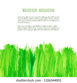 Vector greenery watercolor texture background with dry brush stains, strokes, spots isolated on white. Abstract artistic green grass frame, place for text, logo. Acrylic hand painted gradient backdrop