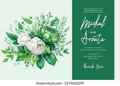 Vector greenery wedding invitation design. Botanical style frame with mixed flowers on white Elegant floral background.