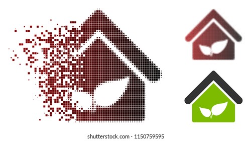 Vector greenhouse icon in sparkle, pixelated halftone and undamaged entire variants. Disappearing effect involves rectangular scintillas and horizontal gradient from red to black.