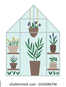 Vector greenhouse with plants in pots and flowers. Flat hot house illustration isolated on white background. Front view greenroom picture. Spring garden illustration