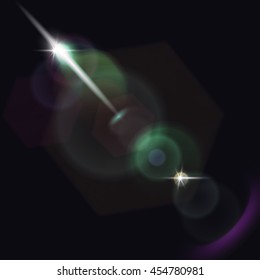 Vector greenish flare effect. Light different bokeh and halo on dark background. Release clipping mask for work.