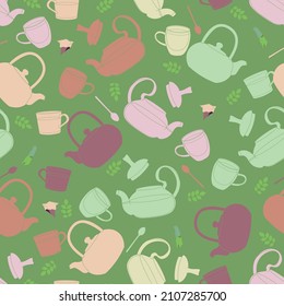 Vector Green-pink Teapot party seamless pattern. perfect for fabric, wrapping paper, wallpaper, scrapbooking, kitchen, background projects