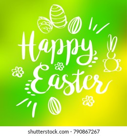 Vector green-yellow background with Happy Easter lettering and doodle.