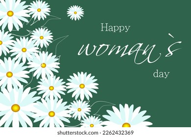 Vector greeting background, banner for the international holiday Women's Day, March 8, postcard template with chamomiles and text Happy Women's Day
