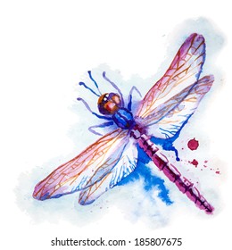 Vector greeting background with beautiful watercolor flying violet dragonfly