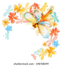 Vector greeting background with beautiful watercolor flying orange dragonfly and gentle flowers
