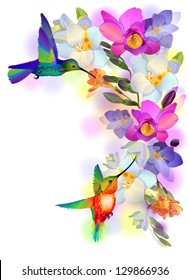 Vector greeting background with flitting humming-bird which brings gentle branch of beautiful pink orchids