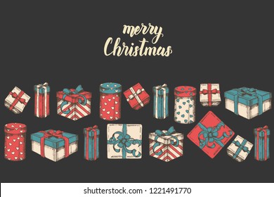 Vector greeting background with Hand drawn Set of gifts, packages and hand made quote "Merry Christmas" on black. Lettering. Sketch. Merry Christmas and happy New Year.