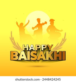 vector Greeting for Baisakhi or Vaisakhi. Happy baisakhi 3d text with wheat and punjabi sikh bhangra dance.