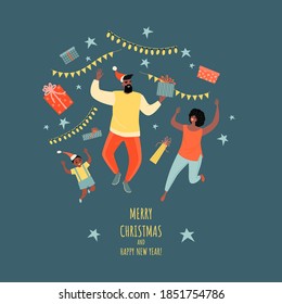 Vector greeting banner or card for Christmas and New Year with cute family in santa hats with gifts and decorations on the background. Cartoon illustration in flat style