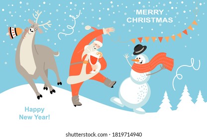 Vector greeting banner for Christmas and New Year with funny Santa Claus, deer and snowman. Cartoon characters in flat style