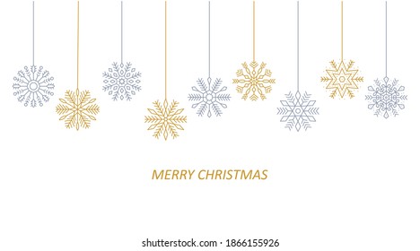 Vector greeting banner with hanging snowflake icons. Gold and silver symbols. Merry Christmas text. Editable stroke. Christmas and New Year decorations, winter ornament. Stock illustration